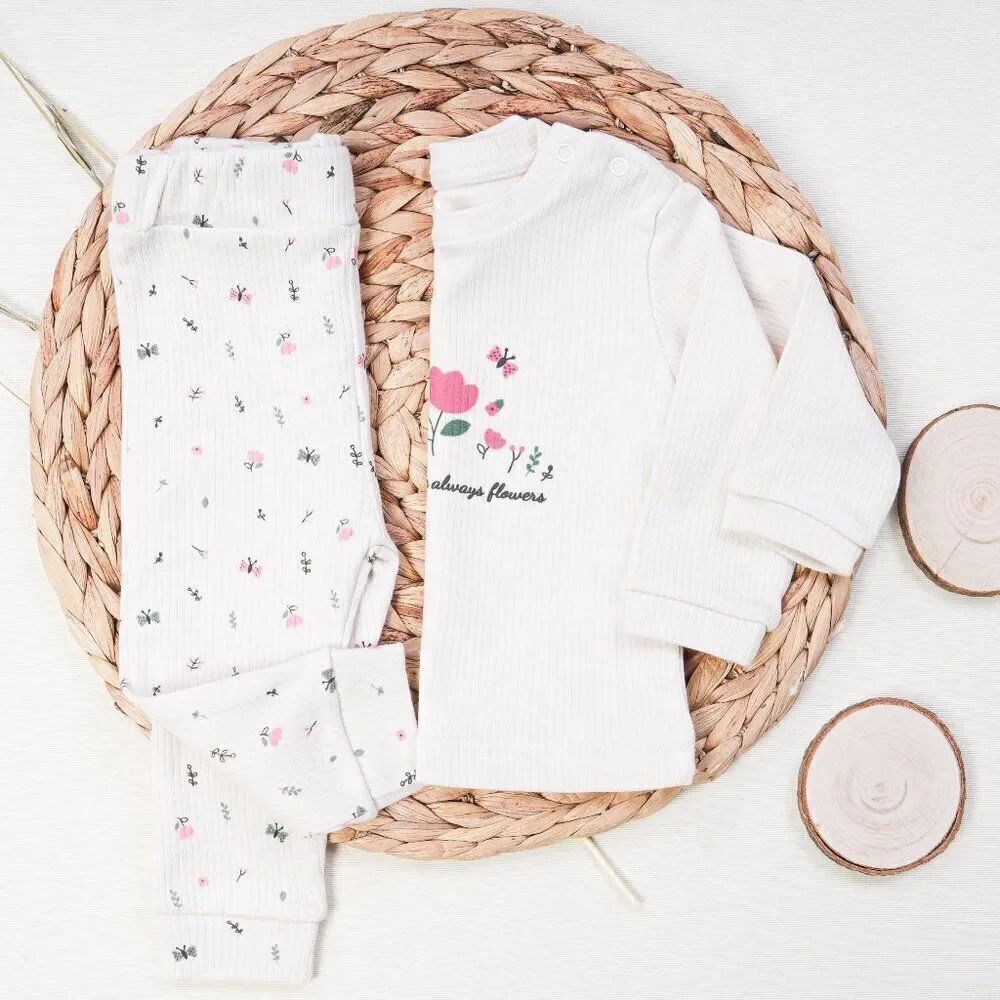 Ribbed Cotton Baby Girl Set - Flowers PINK - Picture 2 of 2